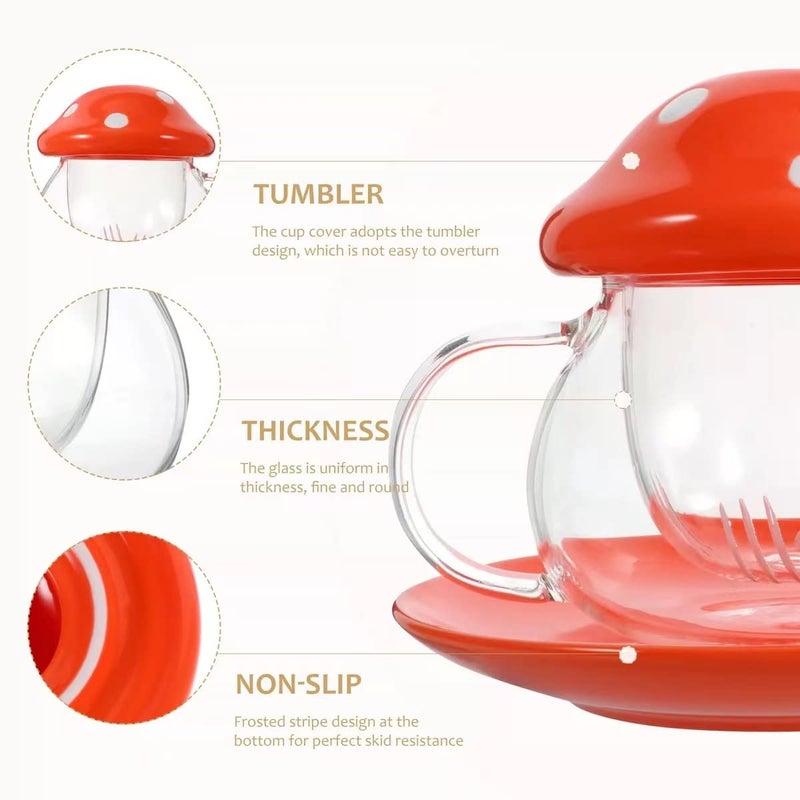 Rain House Mushroom Tea Cup Set, Cute Glass Tea Cups and Saucers, Kawaii Tea Cup with Infuser for Loose Leaf Tea Steeper, Coffee Mug Christmas Gifts for Women, Tea Infuser Mug with Lid for Mother Girls (Orange) - Image 2